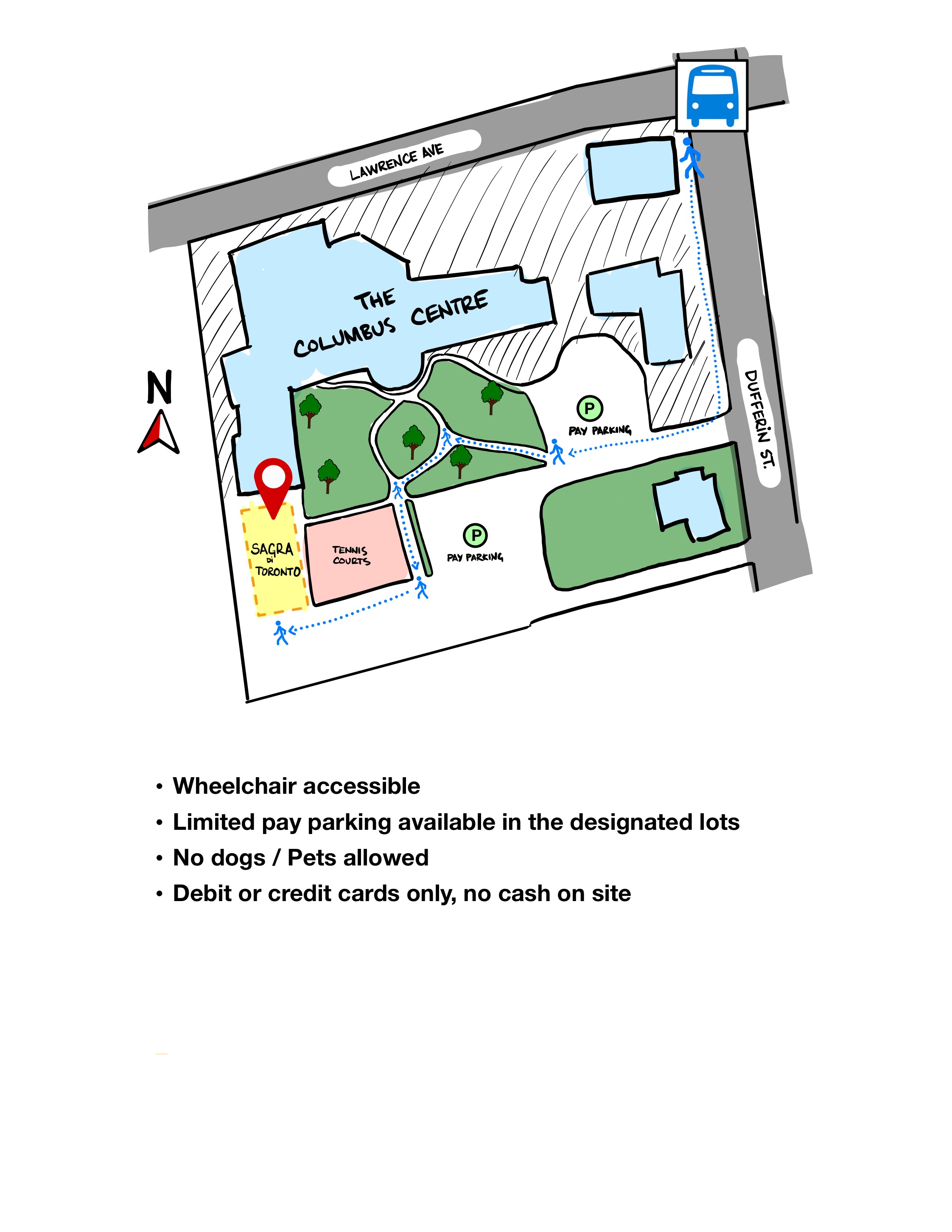 Site map for Sagra di Toronto at The Columbus Centre, beside the tennis courts, showing the walking route from Lawrence Ave and Dufferin St and the designated pay parking lots.